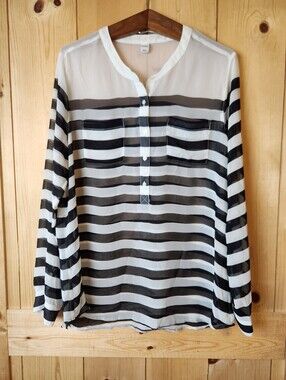 Old Navy Sheer Horizontal Black/White Stripe 1/4 Button Down Pocket Blouse Top